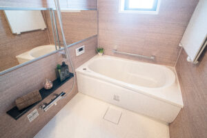 Bagno moderno con sovrapposizione vasche da bagno, dotato di maniglioni di sicurezza e accessori.