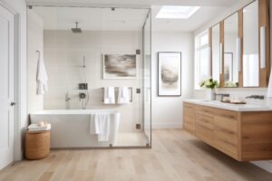 Bagno luminoso con vasca con doccia in design e vanità in legno.