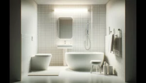 Immagine di un bagno semplice con piastrelle bianche e pavimento in vinile, includendo una vasca da bagno con vernice bianca.