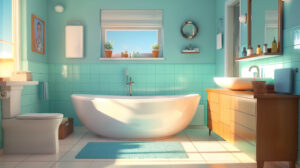 Un bagno luminoso e rinnovato con piastrelle turchesi, vasca moderna, mobiletto in legno e dettagli curati, perfetto esempio di ristrutturazione del bagno